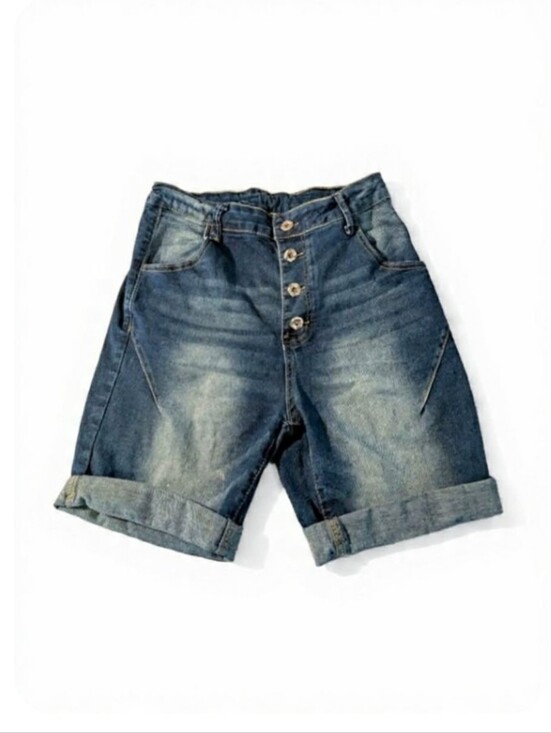 SHEIN Pants - High-Rise Button-Fly Denim Shorts - Blue Wash